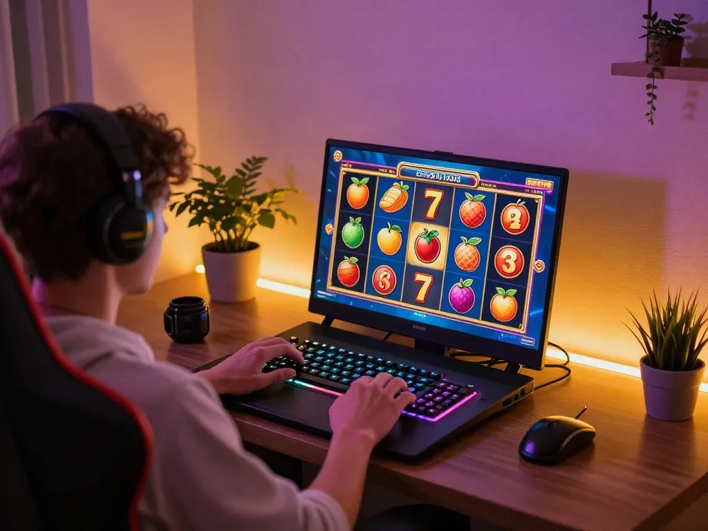 Engaging online slot gaming scene featuring a player with a laptop surrounded by vibrant game graphics, showcasing slot thailand.