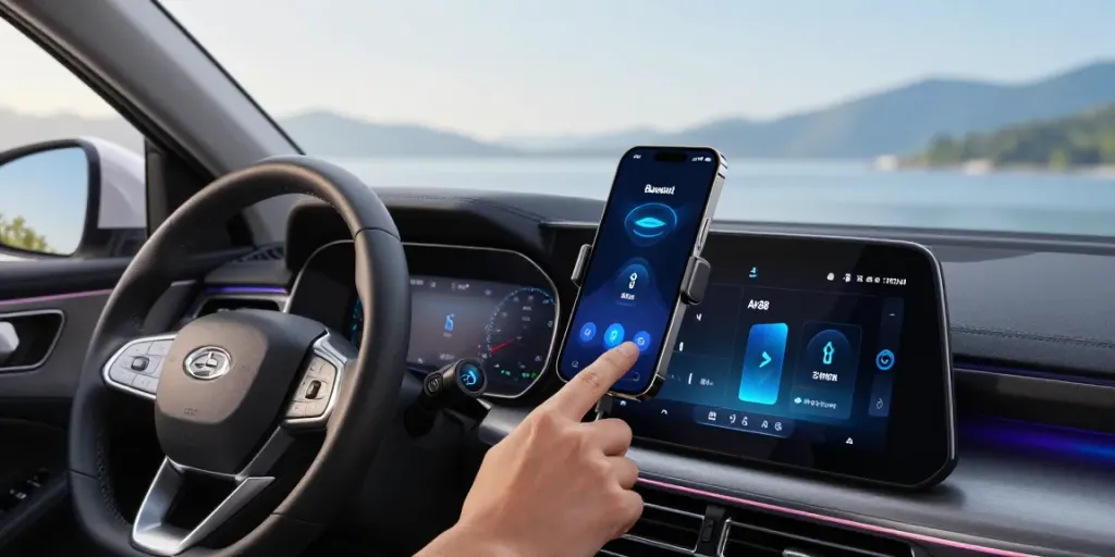 Penggunaan adapter Bluetooth air88 di dalam mobil dengan tampilan audio modern dan suasana yang canggih.