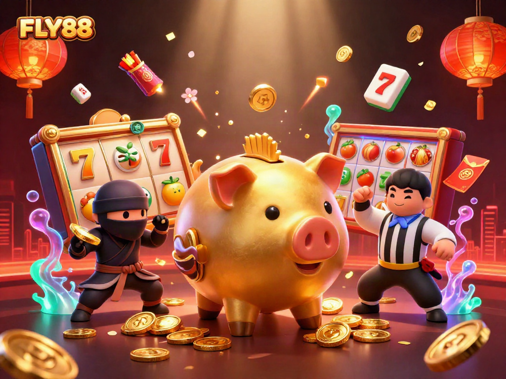 FLY88 introduces an electrifying casino scene with a golden piggy bank and dynamic game elements.