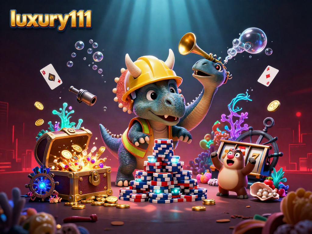 Get ready for luxury111 with a cartoon triceratops building poker chip pyramids underwater!