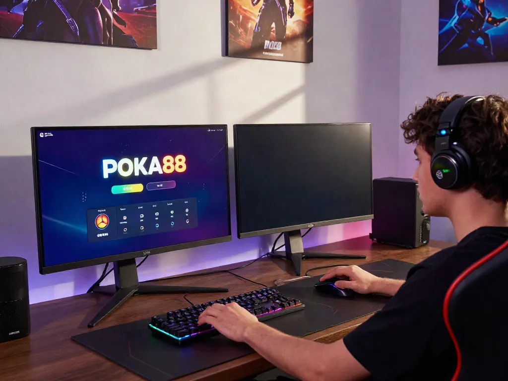 Engaging online betting experience on POKA88 platform with dual monitors and gaming setup.