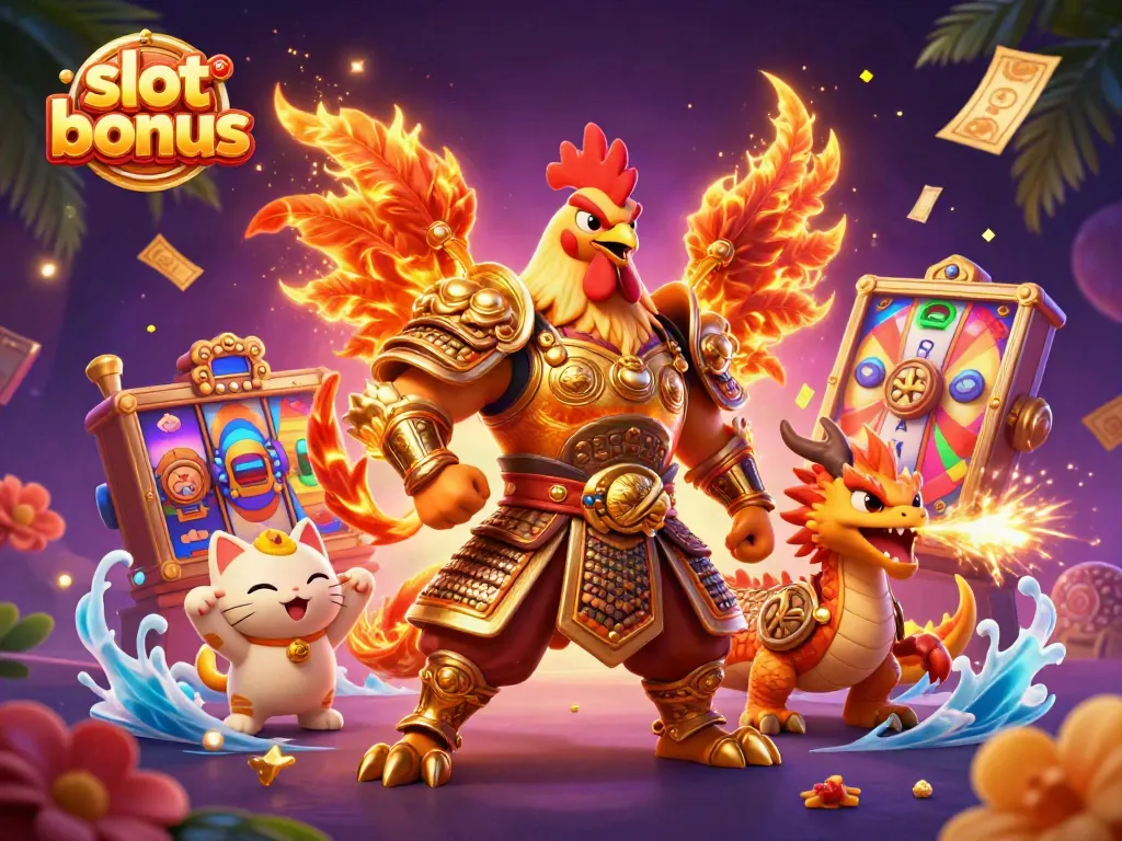 Engage with the slot bonus scene featuring a rooster warrior and dragon, showcasing vibrant gaming elements.