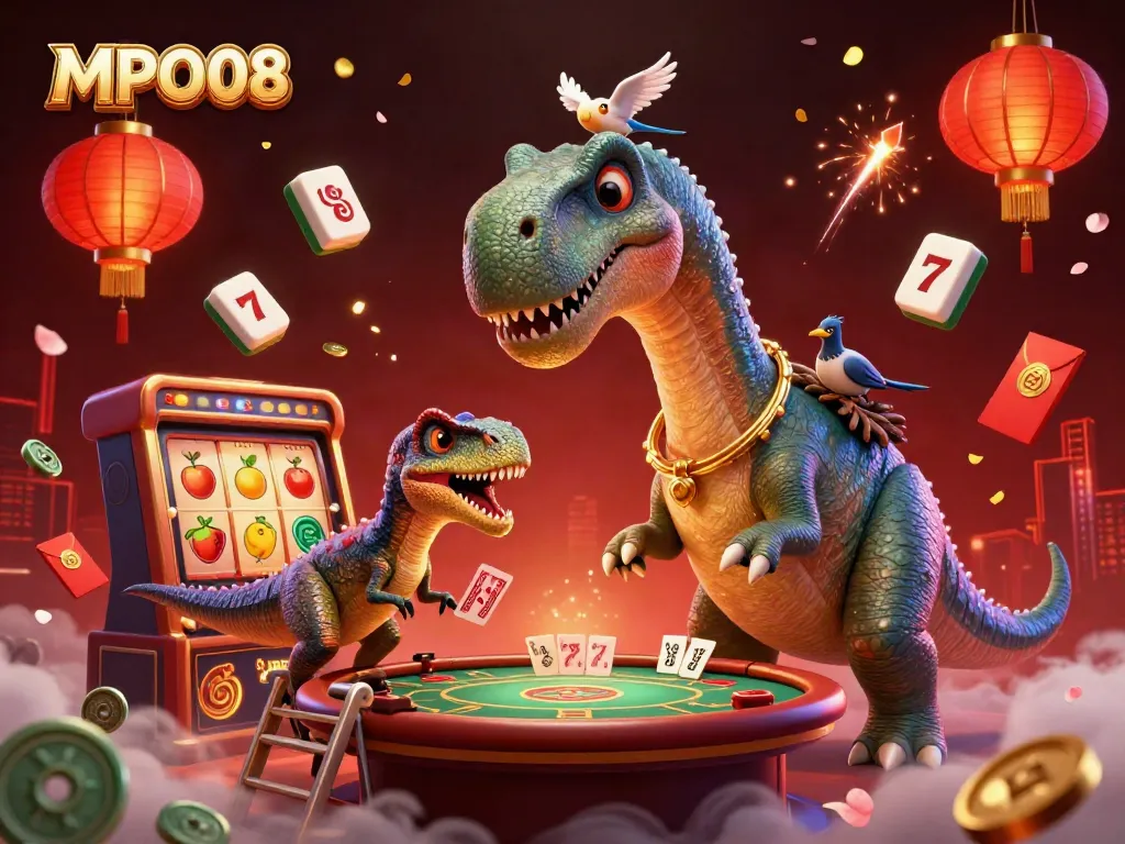 Experience MPO08 with a dinosaur-themed gaming scene filled with slot reels and vibrant decorations.