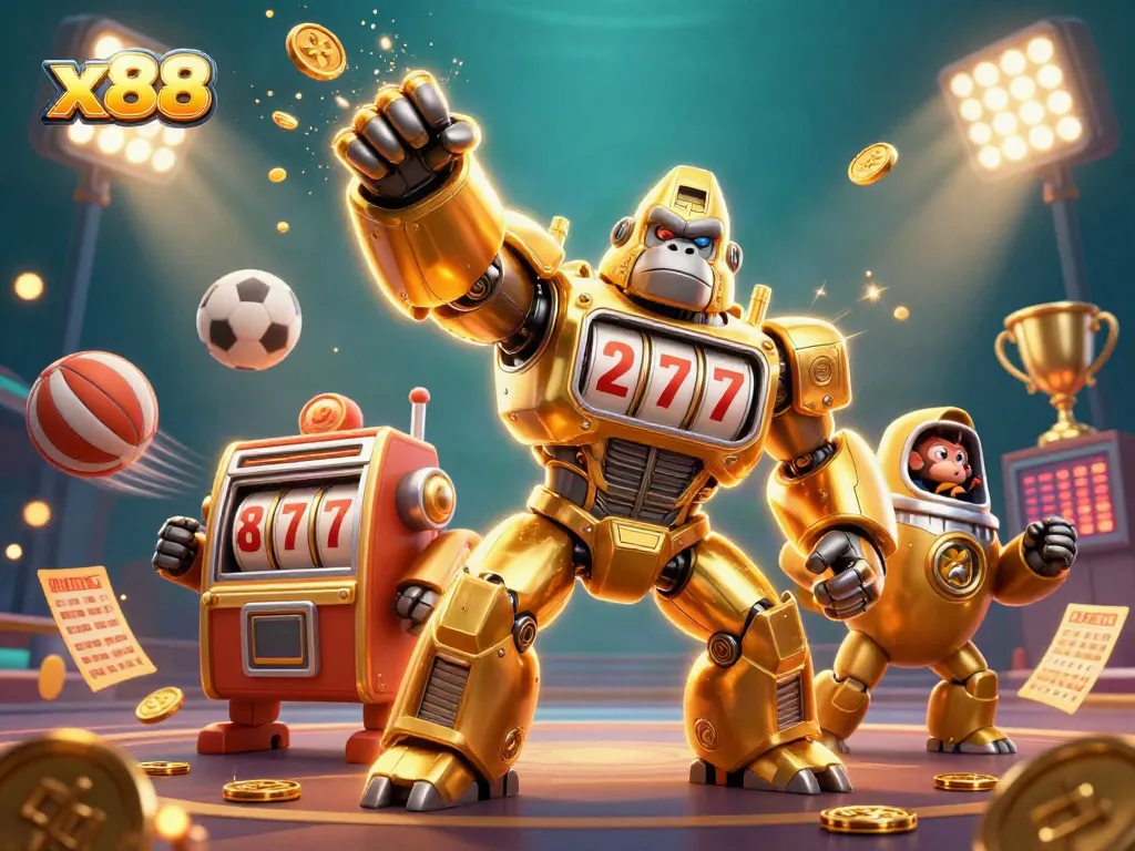 Experience exciting gaming with x88's thrilling golden gorilla mech and dynamic sports elements