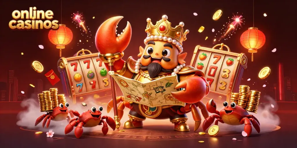 Engage in exciting online casinos with a golden crab emperor and treasures.