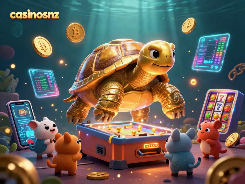 Join the excitement at casinosnz with a colossal tortoise pinball machine amidst vibrant casino symbols.