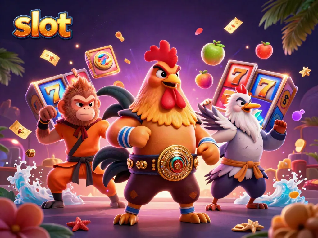Spin the slot reels with lively characters in a vibrant casino scene filled with dynamic elements.