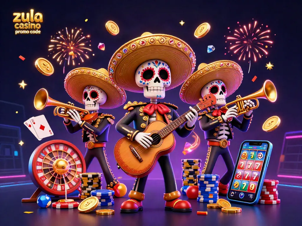 Zula Casino promo code displayed in a festive casino scene with vibrant mariachi characters and dynamic gaming elements.