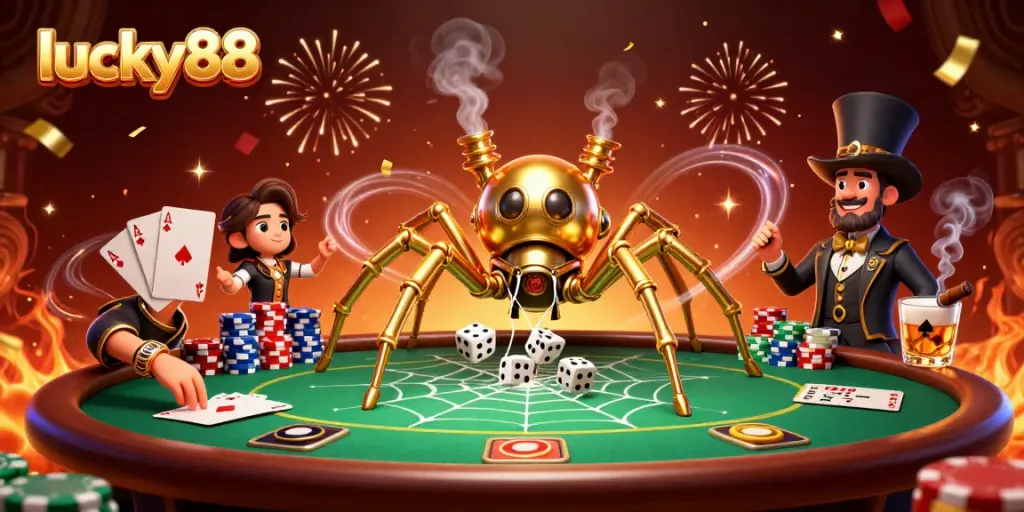 Join the excitement of lucky88 with a steampunk spider weaving golden chains and poker chips in a vibrant casino.