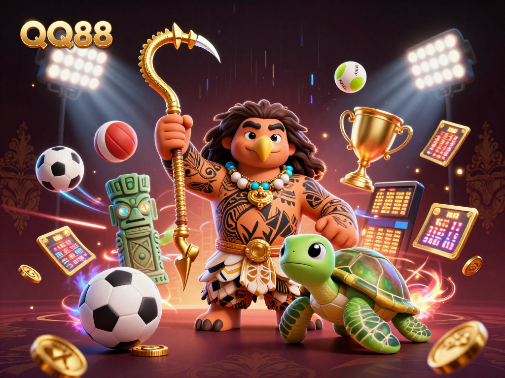 Engage with QQ88 betting strategies through a dynamic illustration showcasing sports elements and a captivating backdrop.