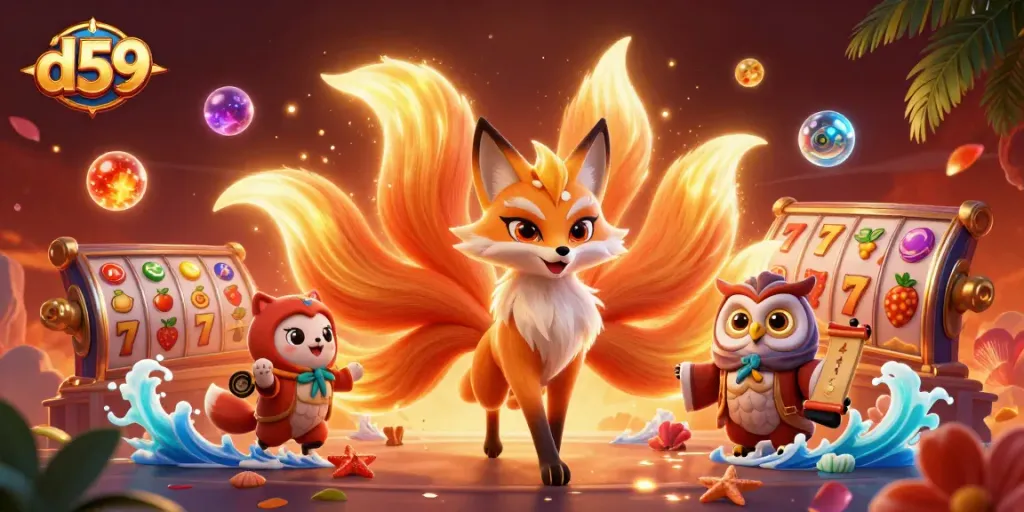 d59 players win big with a striking scene featuring a nine-tailed fox, slot games, and vibrant colors.