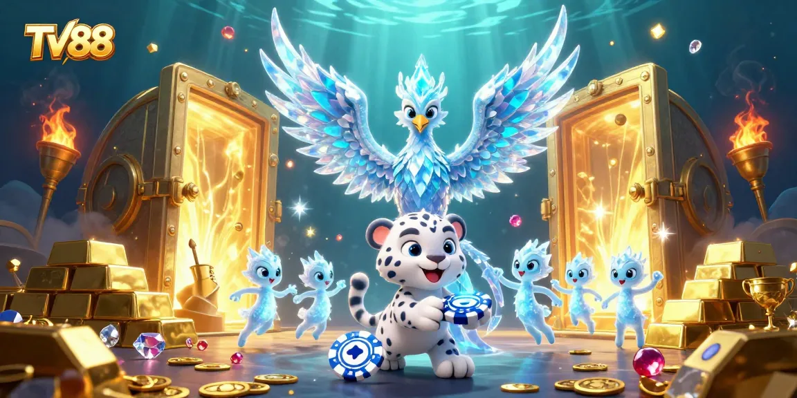 Experience excitement with TV88 in a vibrant 3D casino scene featuring animated characters and gold treasures.