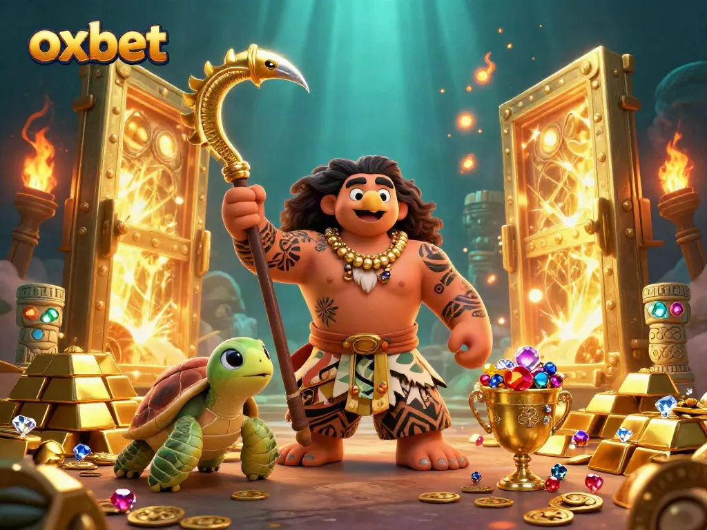 Experience excitement with OXBET's vibrant 3D illustration of gaming treasures and characters.