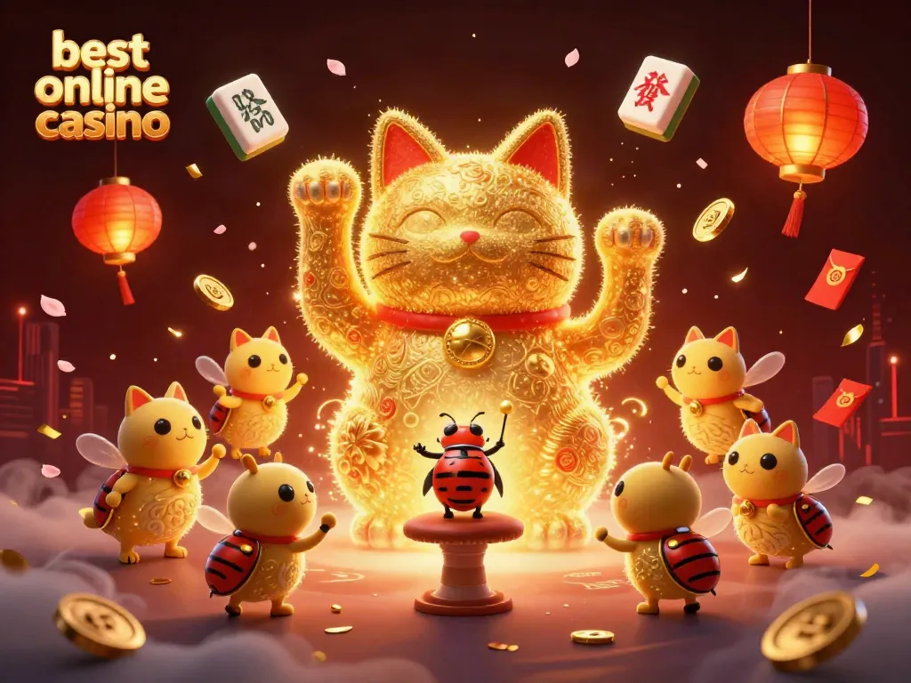 Experience the excitement of the best online casino with a lively golden lucky cat surrounded by casino symbols.