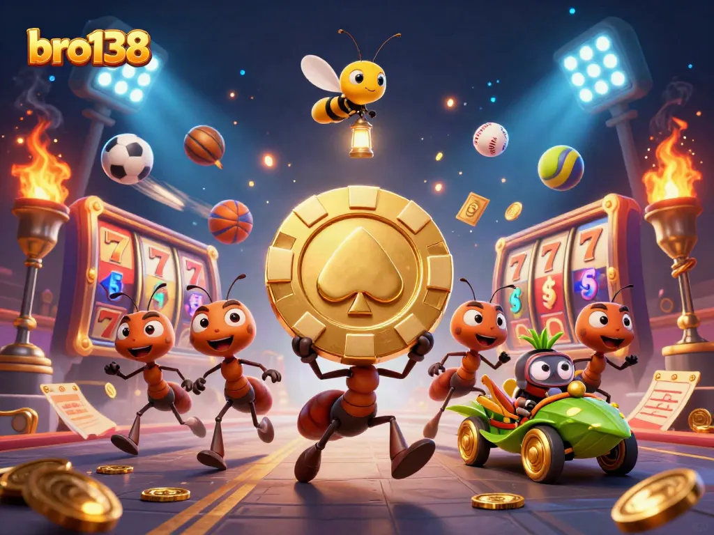 Bro138 heist scene with cartoon ants, golden poker chip, and spinning slot reels