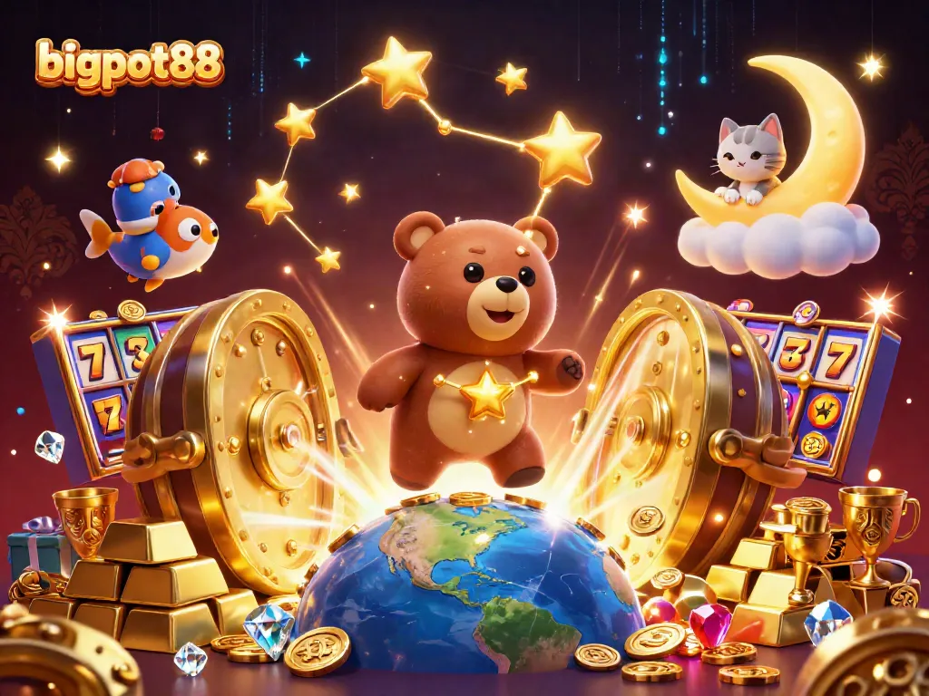 Aktivitas menang besar di bigpot88 dengan tumpukan koin dan simbol slot yang berkilauan.