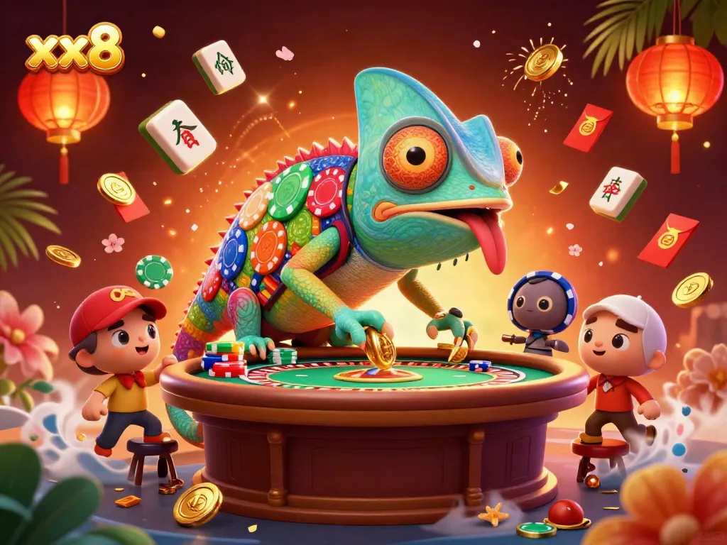 Experience the thrilling world of gambling with xx8, a vibrant 3D casino illustration featuring an adventurous chameleon counting golden coins.