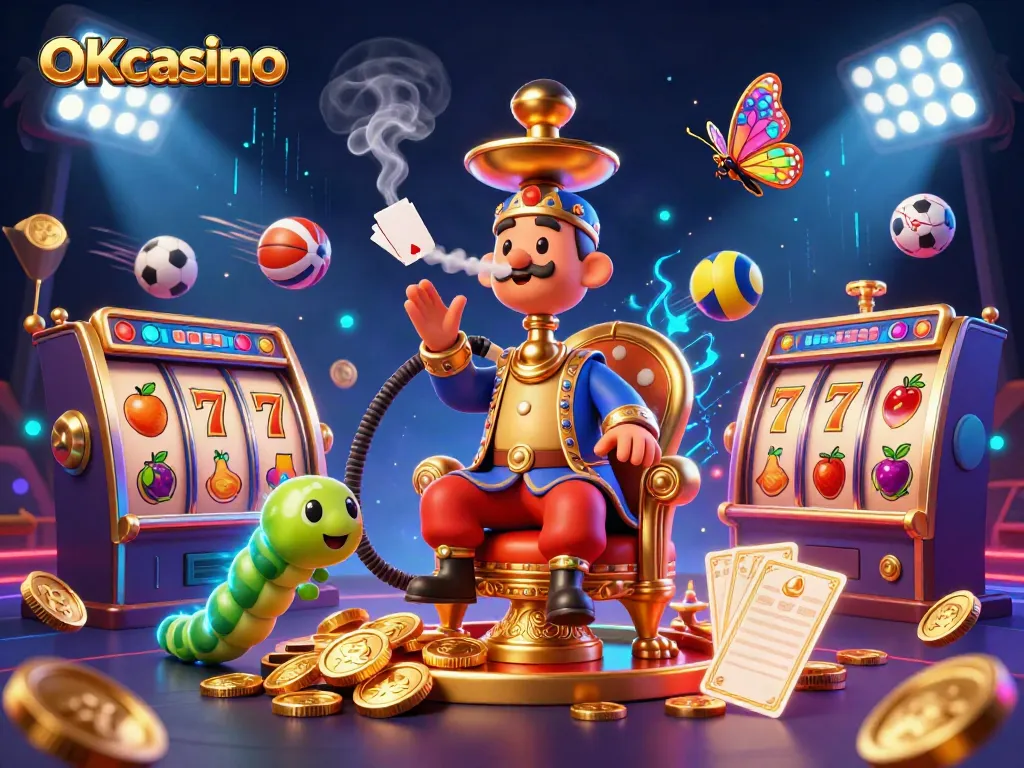 ภาพการ์ตูน 3D ของ OKcasino ที่มีตัวละครในชุดสุลต่านเหนือยอดฟักทองทองคำ