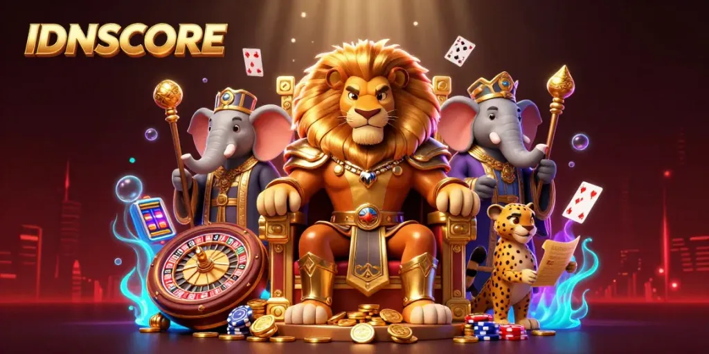 IDNSCORE showcases an exciting casino scene with a lion king and game elements, inviting players to win