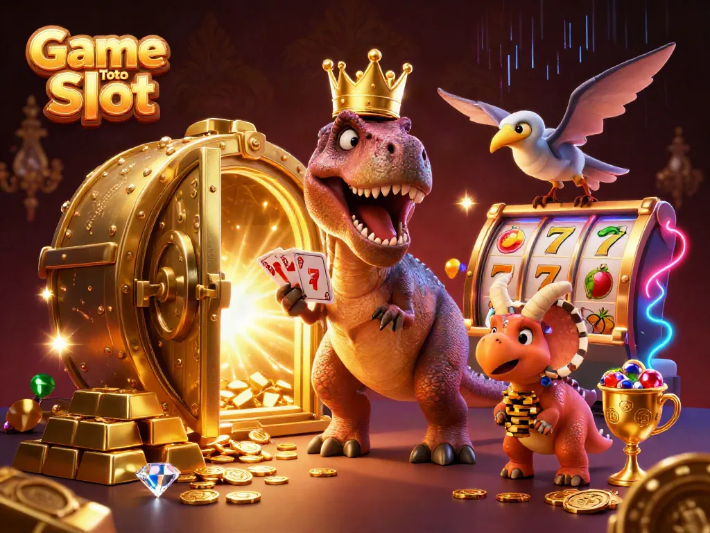Game Toto Slot yang menarik menampilkan karakter dino dalam suasana kasino yang megah.