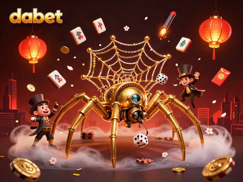 Dabet features a vibrant 3D casino scene with a steampunk spider and magical game elements.