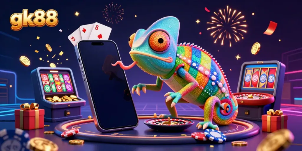 Engage with gk88's colorful casino universe, featuring a chameleon owner and dynamic gaming elements.