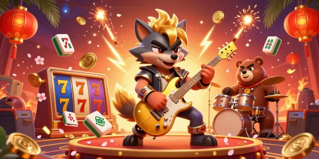 Slot 777 menampilkan karakter serigala rockstar dan beruang drummer dalam suasana kasino yang hidup.