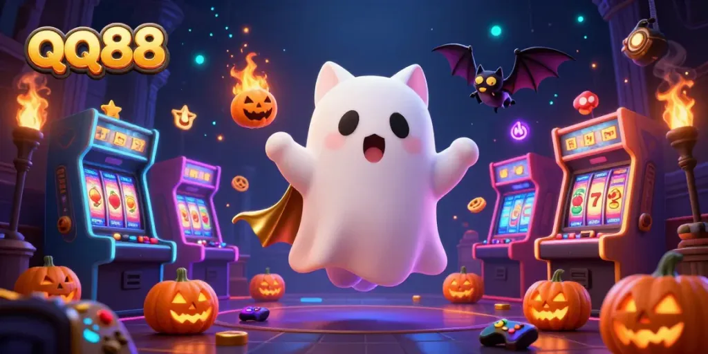 Engage with thrilling qq88 action in a haunted casino with playful characters and vibrant game elements.