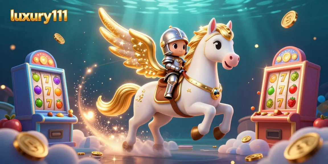 Spin the reels of luxury111 with a celestial horse and knight in a dazzling casino scene.