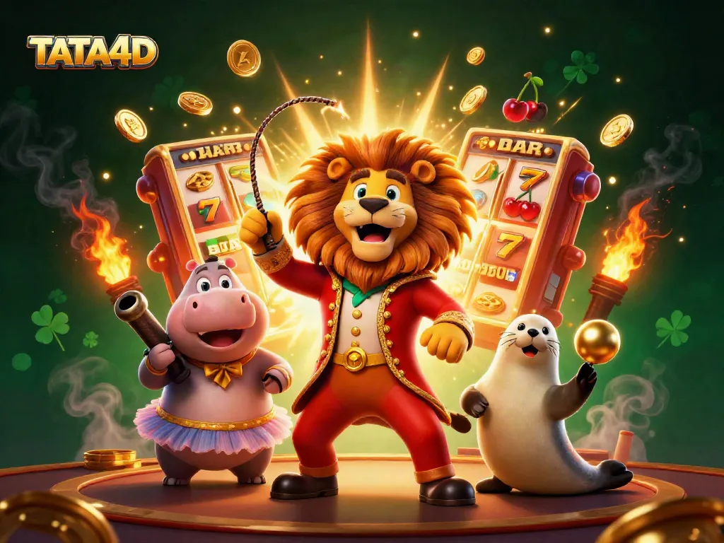 TATA4D showcases a vibrant 3D casino scene with animated characters and exploding jackpots.