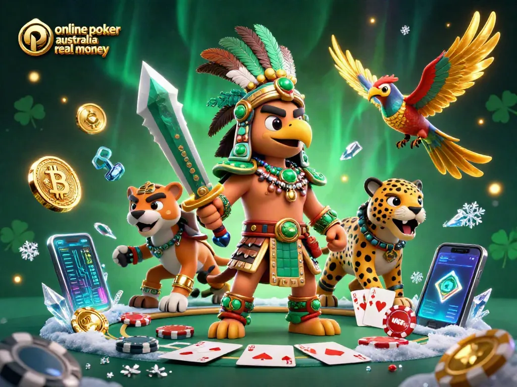 Play online poker Australia real money with energetic Aztec warriors amidst vibrant casino elements.