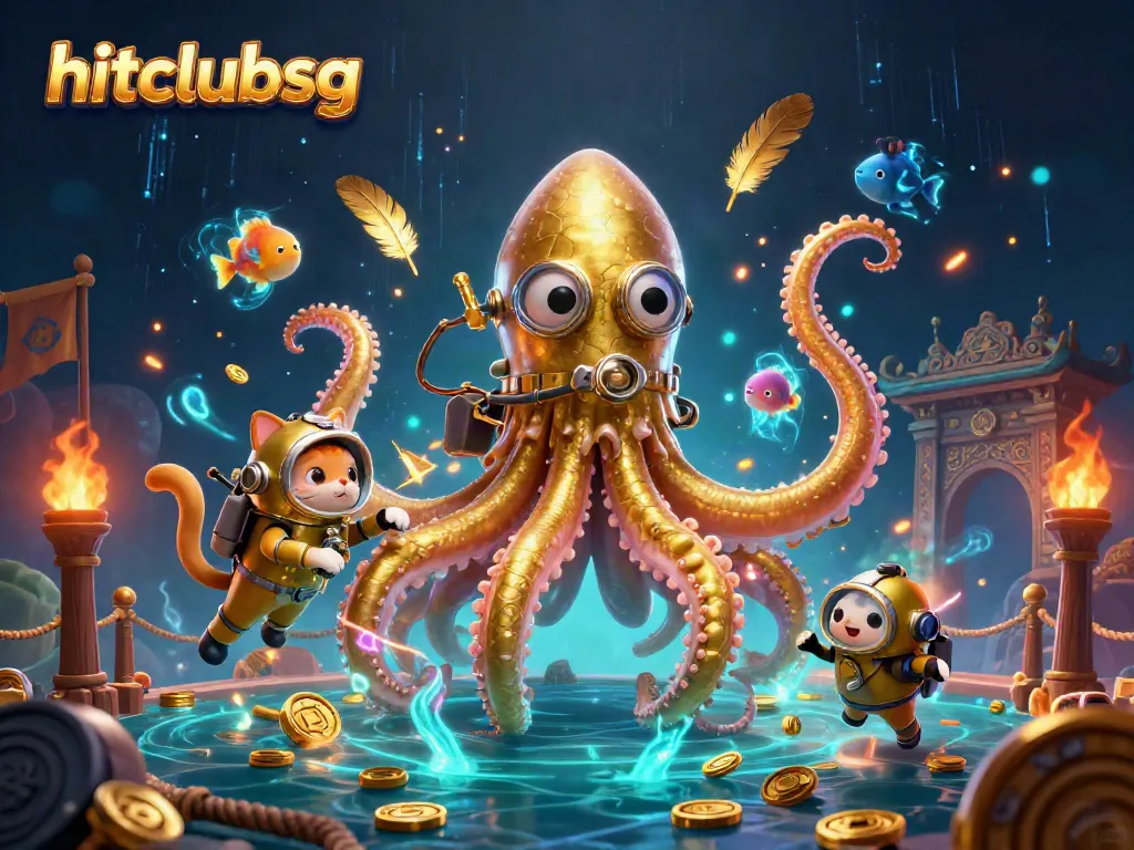 Experience the thrill of hitclubsg with a vibrant 3D scene of golden kraken and diving cat in an underwater casino world.