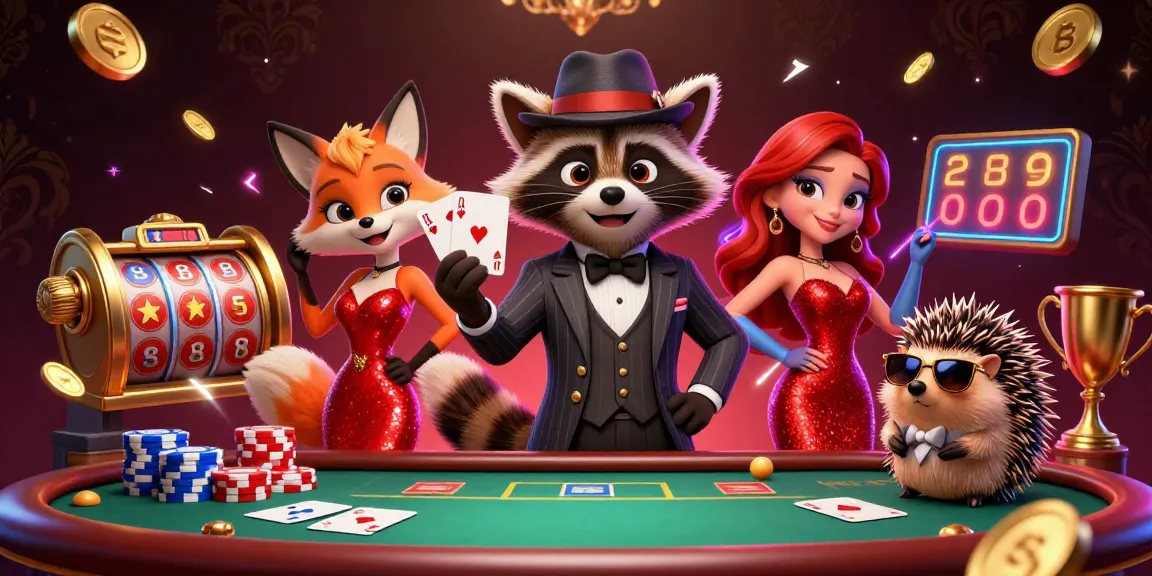 Experience luxury12 with our charming raccoon, fox, and hedgehog in a vibrant casino scene.