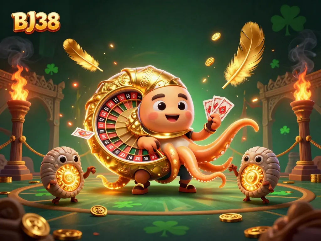 Experience the thrill of BJ38 in a vibrant casino-themed illustration featuring unique gambling elements.