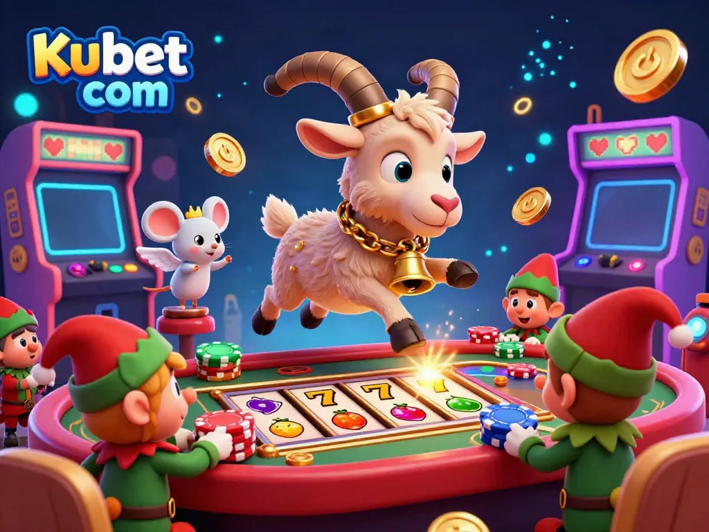 Kubet com's festive casino scene with Krampus goat and mischievous elves stealing poker chips.