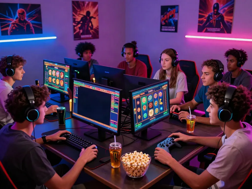 A lively gaming party with friends enjoying akunjp slot games, colorful lighting, and snacks.