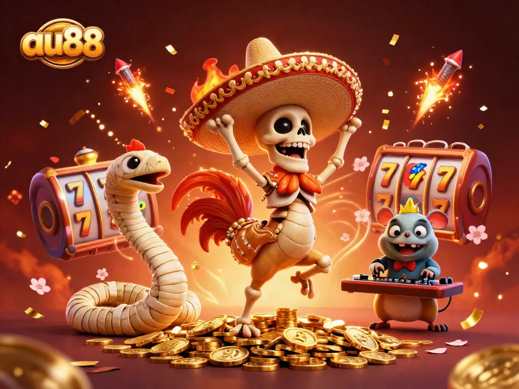 Experience exciting gameplay at au88 with a festive 3D casino celebration featuring a dancing rooster and gold coins.