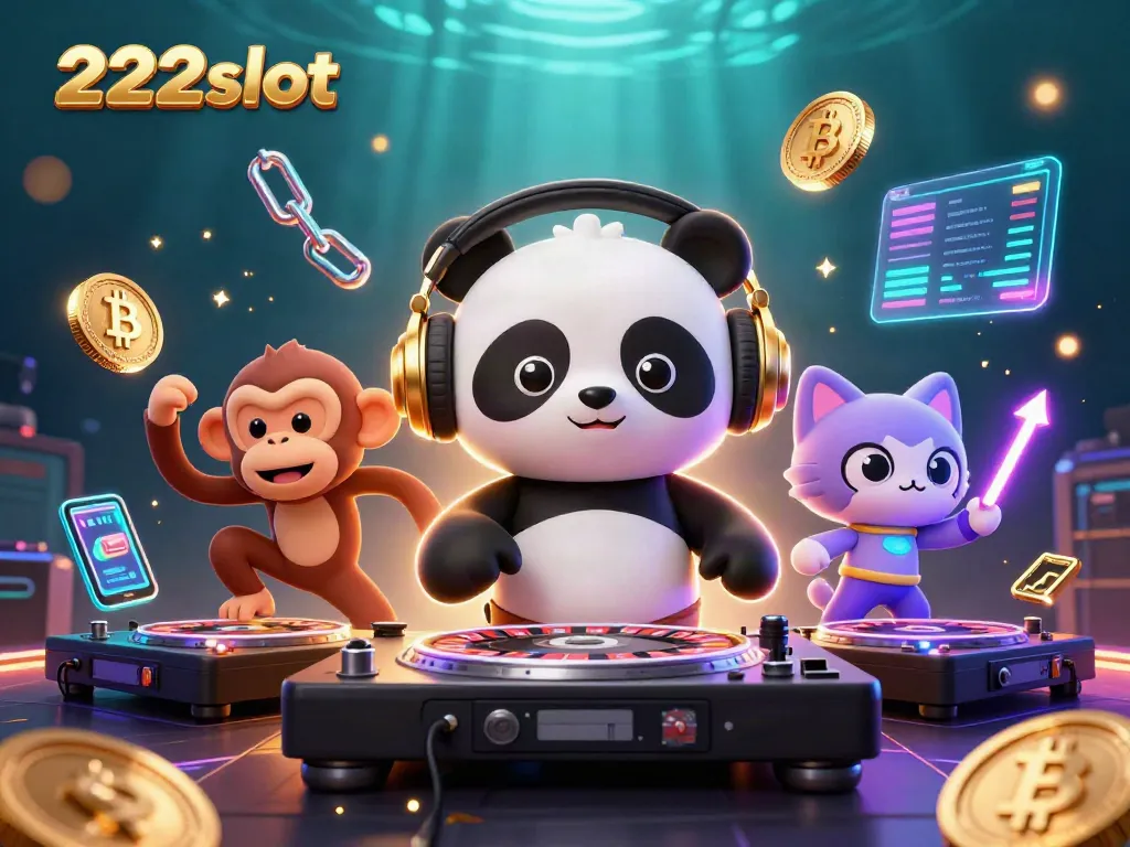Menangkan jackpot di 222slot dengan DJ panda dan kucing glowing dalam desain yang ceria