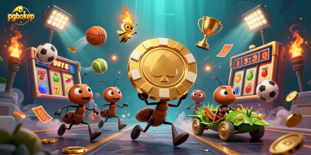 pgbokep captures an exhilarating heist by ants carrying a giant poker chip, showcasing vibrant casino elements.