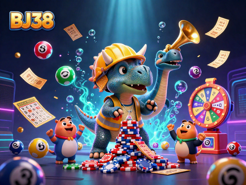BJ38 showcases a vibrant casino scene with a triceratops and parasaurolophus celebrating wins in a colorful, energetic environment.