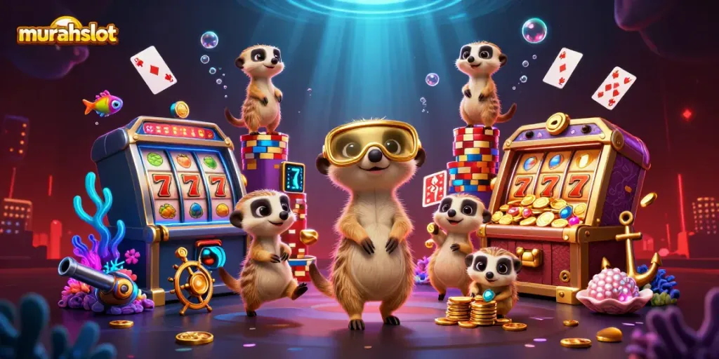 Gambarkan permainan di murahslot dengan koloni meerkat menjalankan kasino, simbol slot, dan koin emas
