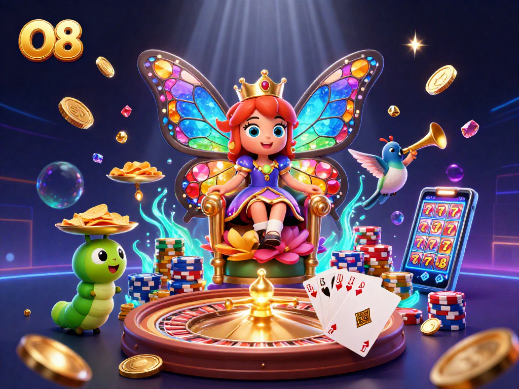 O8 attracts players with an illustrated royal scene featuring vibrant casino elements and opulent butterflies.