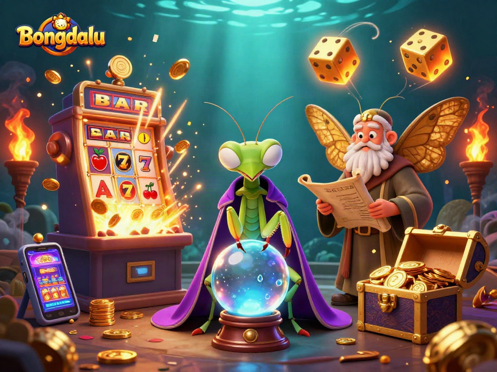 Bongdalu captures the essence of excitement with a mystical fortune teller and a librarian in a vibrant casino scene.