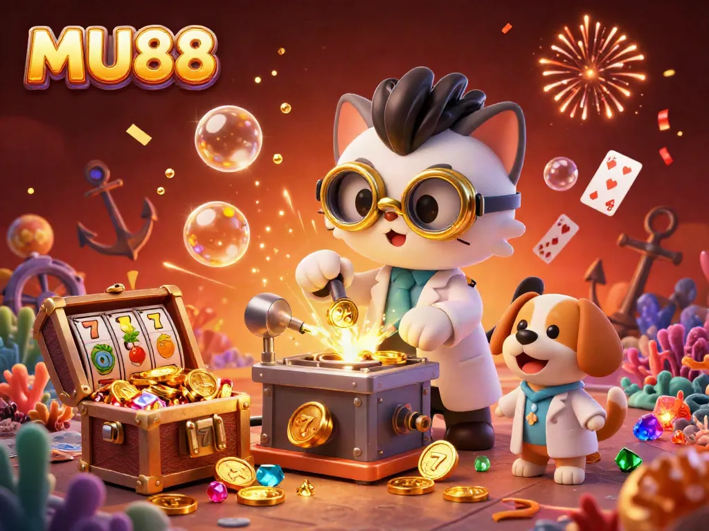 Engage with MU88's exciting gambling scene featuring a whimsical lab with gold coins and gaming elements.