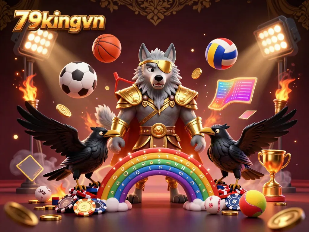 Engage in thrilling games at 79kingvn with a Norse mythology-inspired 3D illustration featuring Odin and dynamic sports elements.