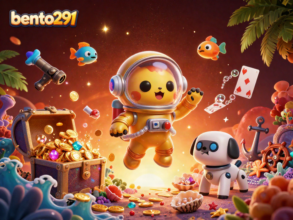 Bento291 ignites excitement with an enchanting space cat floating above a sea of glowing treasures.