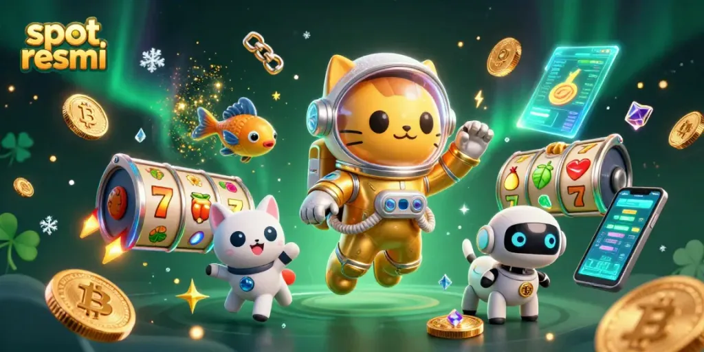 Bermain slot resmi dengan simbol keberuntungan dan jackpot dalam ilustrasi menarik.