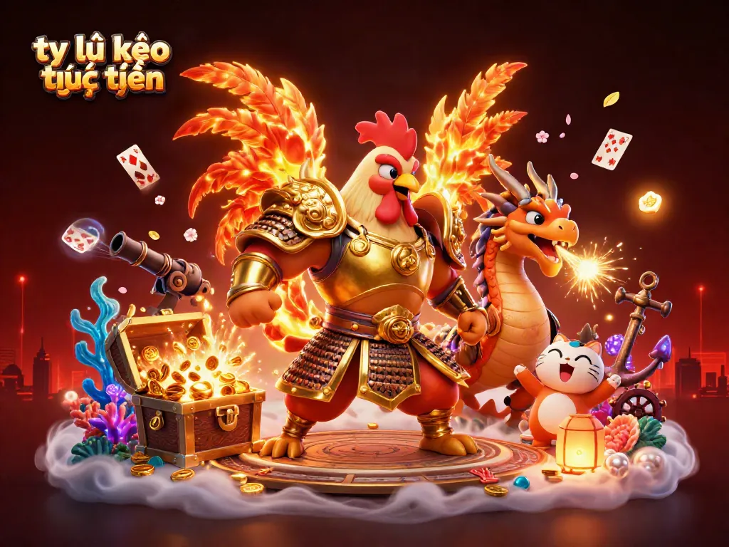 Engage with tỷ lệ kèo trực tuyến in this vibrant 3D illustration featuring gambling elements and fierce warriors.