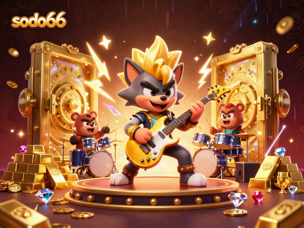 Sodo66 illuminates the casino with a rock star wolf and drummer bear in a golden treasure symphony.