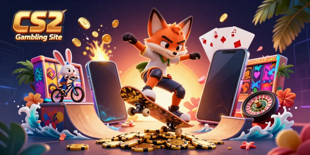 Engaging 3D scene of a CS2 gambling site with a fox and rabbit showcasing vibrant casino elements.